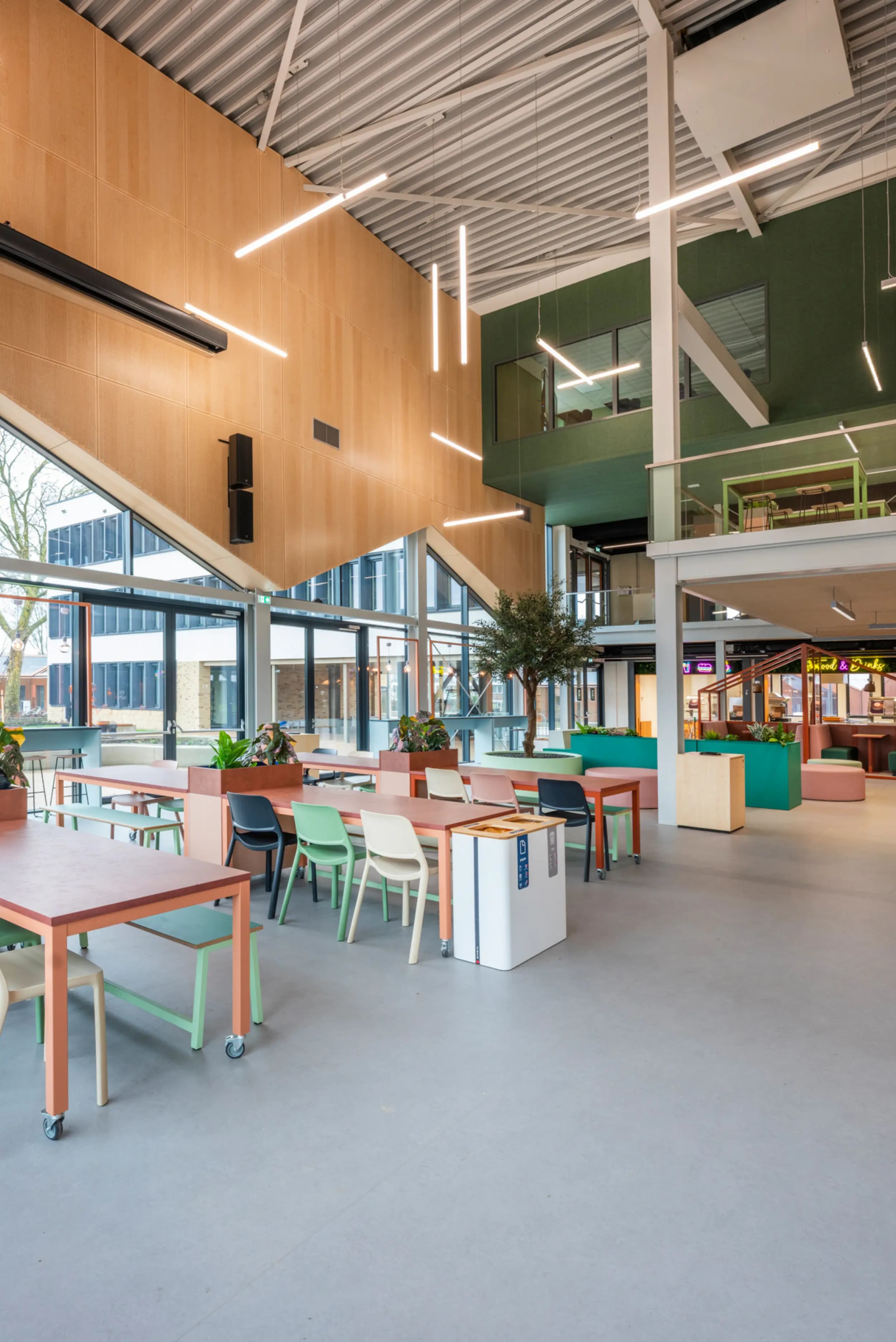 Ruim leerplein met groepstafels, gekleurde stoelen, planten en een vide
