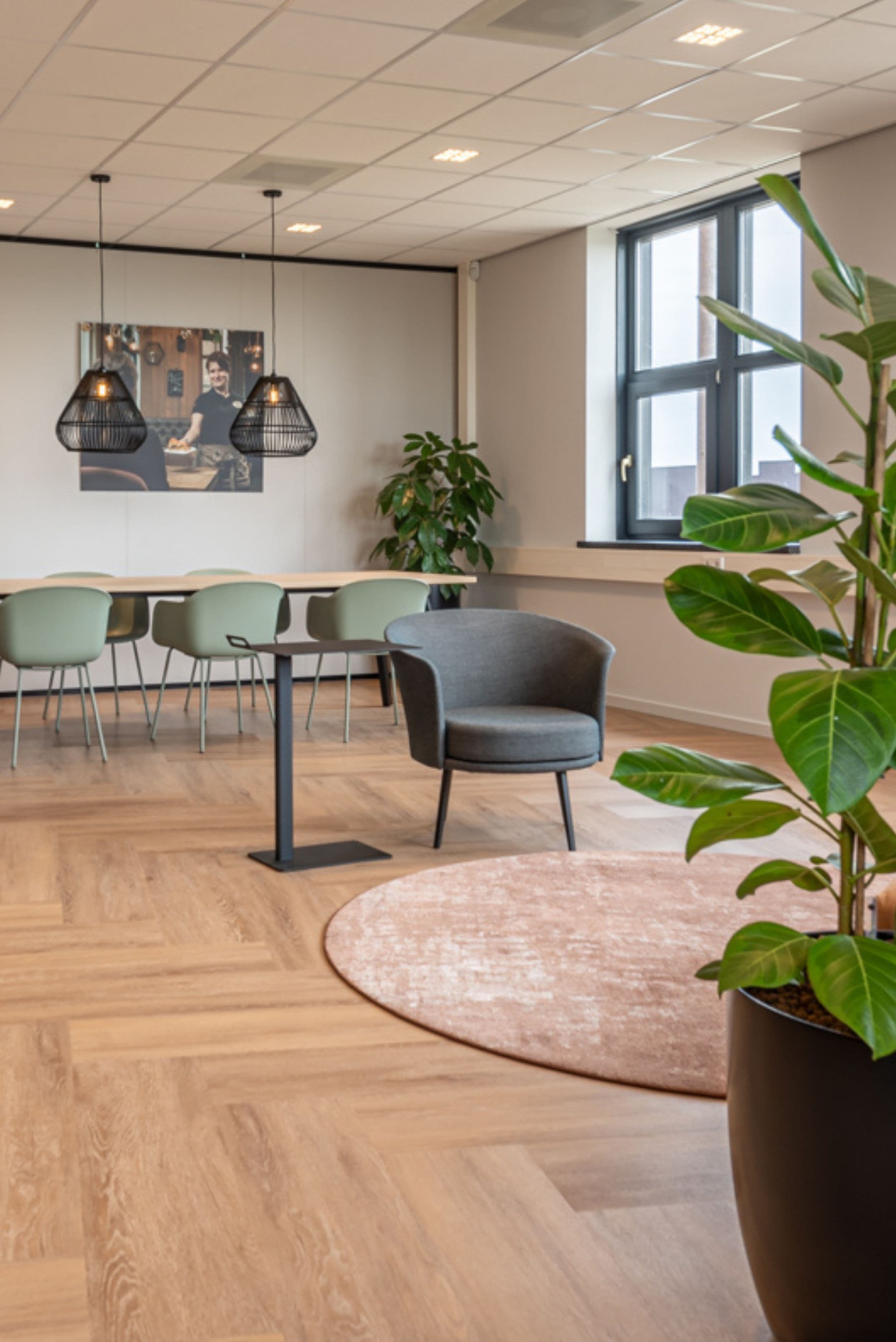 Compacte overlegplek met fauteuils, een kleine tafel, planten en een rond vloerkleed