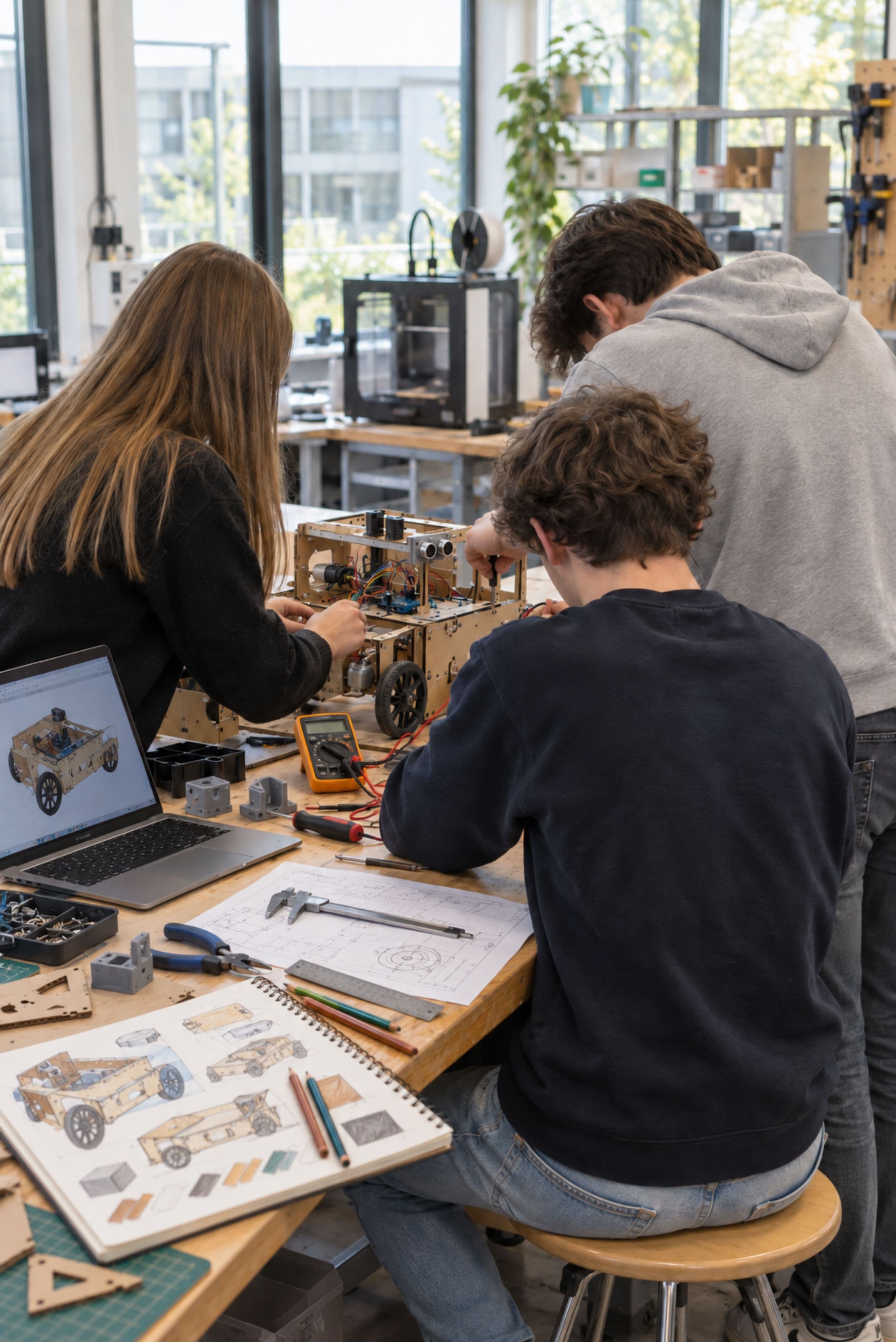 Drie middelbare scholieren werken samen aan een model van karton en 3D-geprinte onderdelen aan een werktafel in een technieklokaal.