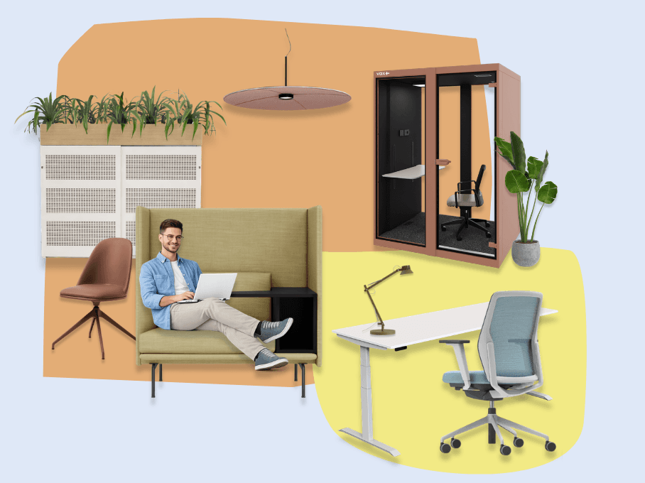 Collage van kantoorinrichting met werkplek, zitbank, planten en afgesloten werkcabine