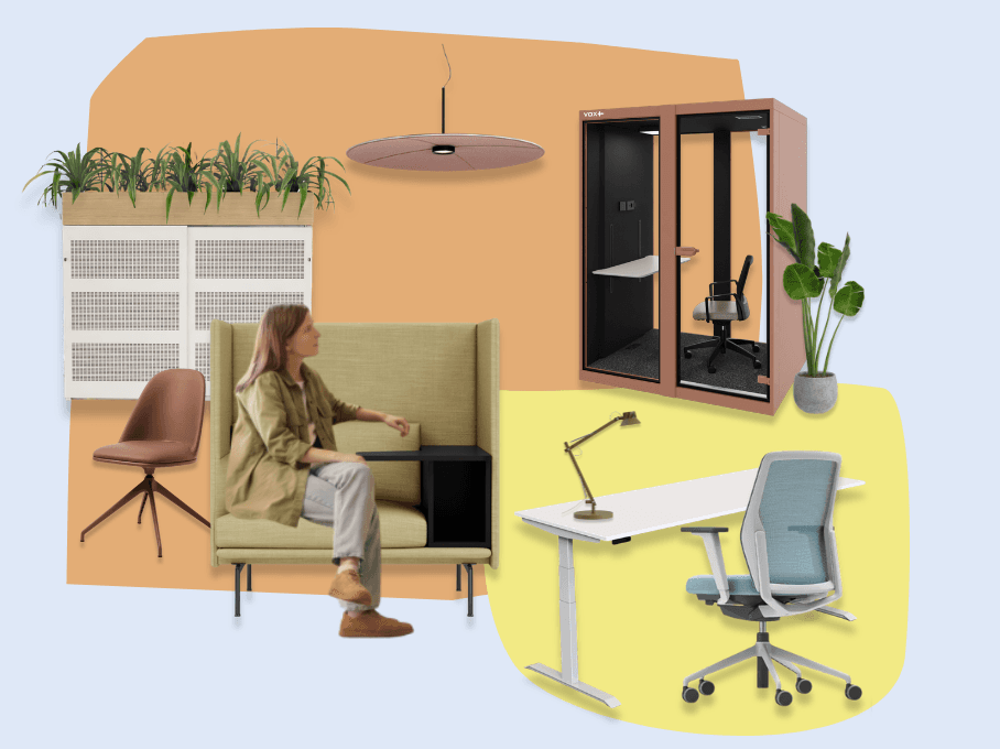 Collage van kantoorinrichting met werkplek, zitbank, opbergkast, planten en werkcabine