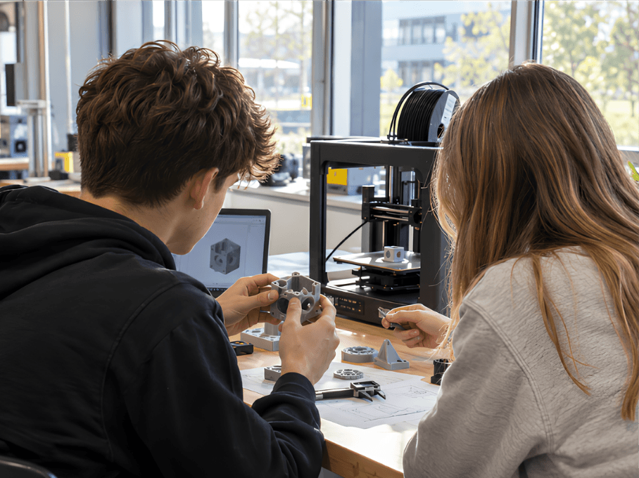 Leerlingen werken samen aan een 3D-geprint prototype naast een 3D-printer.