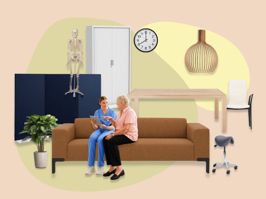 Collage van een zorgomgeving met zitbank, twee personen, anatomisch model en behandelmeubilair