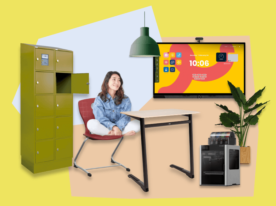 Collage van een leeromgeving met student, lockers, tafel, digitaal schoolbord en planten